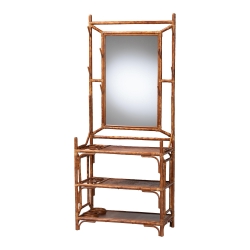 bali & pari Feyre Marbled Tortoise Natural Rattan Hall Tree - Handcrafted Wicker Entryway Organizer with Mirror, Shelving and Hooks, Tropical and Coastal Foyer Complement
